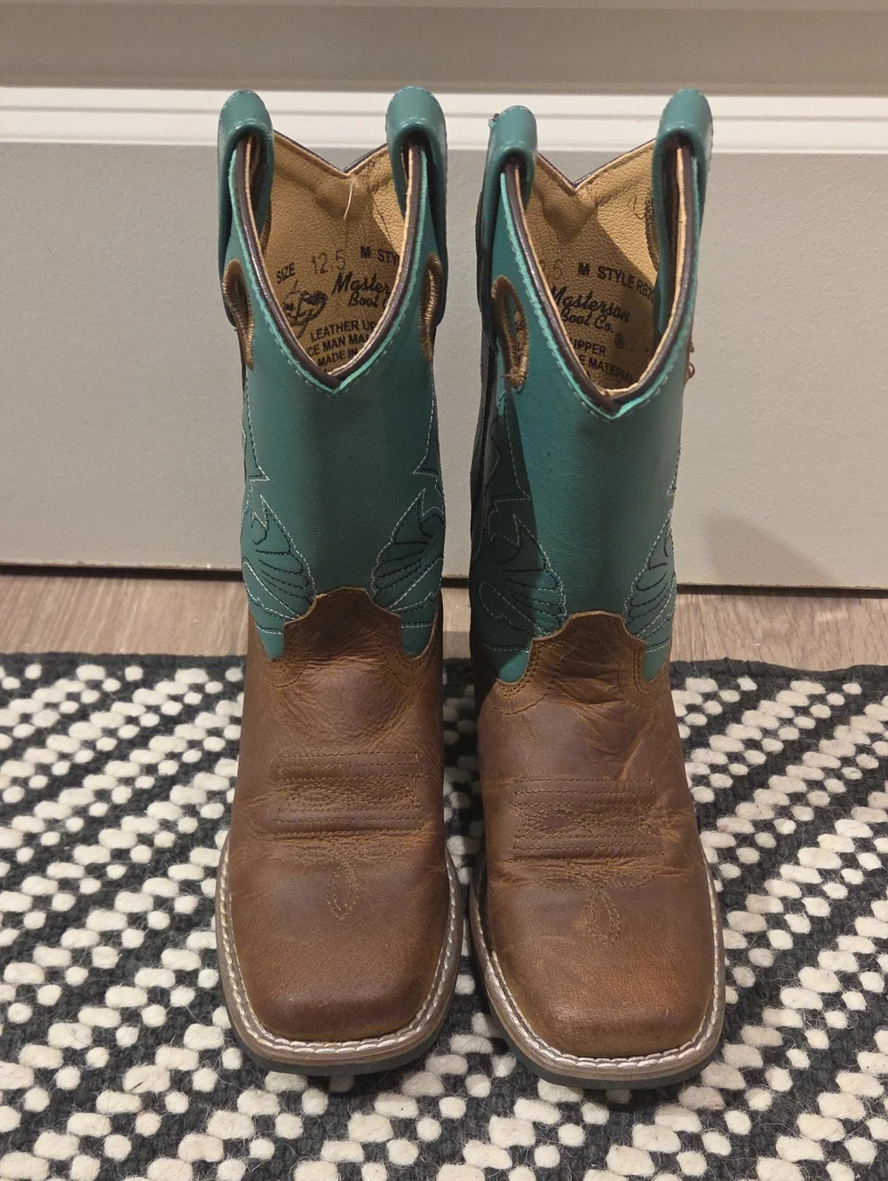 Masters Boot Co Leather Brown Cowboy Boots with Teal Shaft